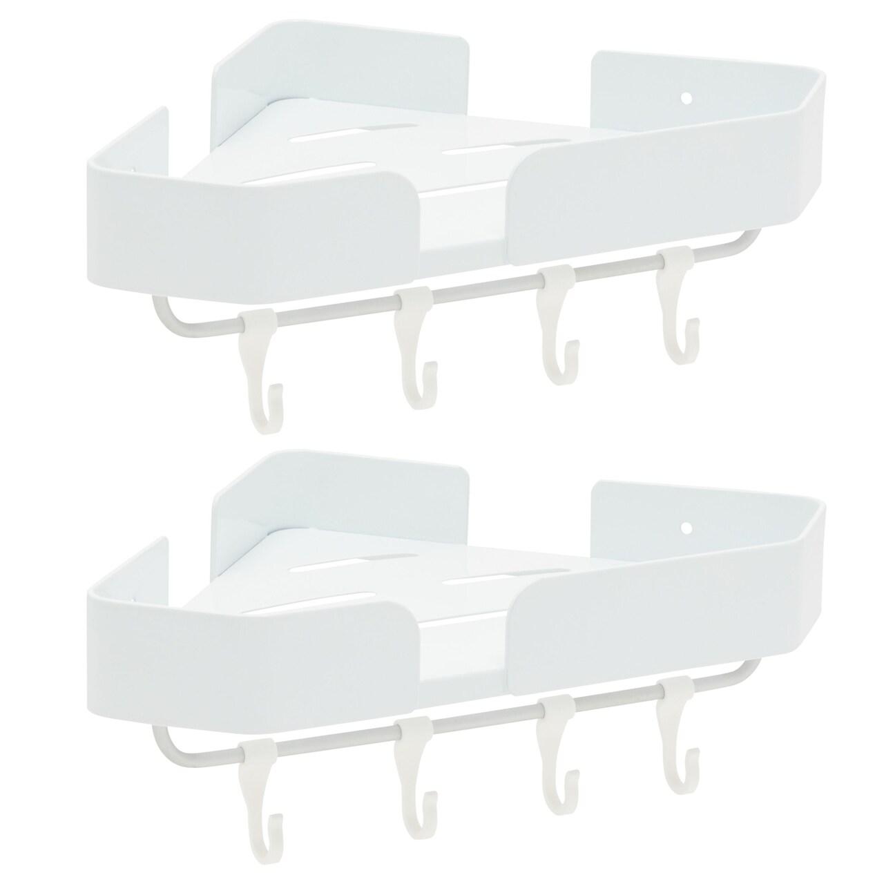 Bathroom Corner Shelves with Hooks, Wall Mounted Shower Caddy Shelf (White, 2 Sets)